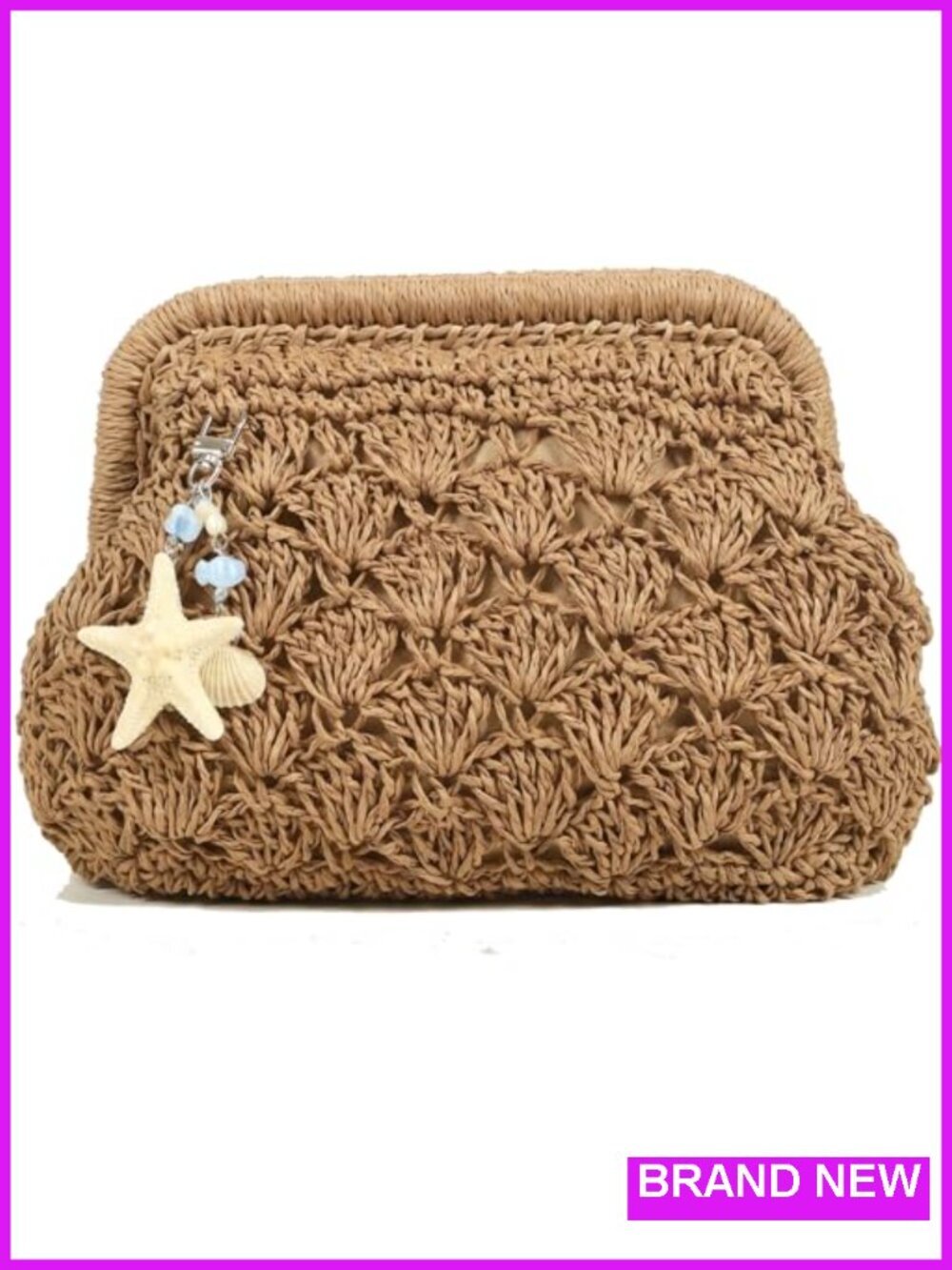 Woven Straw Clutch Purse with Shell Pendant Detachable Chain Crossbody Shoulder